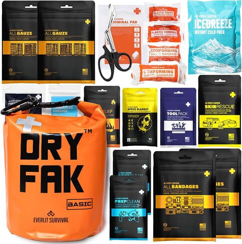 EVERLIT 290 Pc Waterproof First Aid Kit Dry FAK Medical Kit Emergency Survival Kit for Boat, Backpacking, Hiking, Fishing, Travel, Kayaking (Orange) in Kuwait