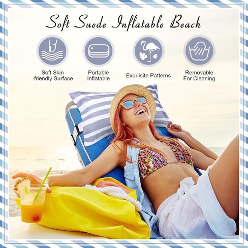 Inflatable Beach Pillow with Removable Cover, Beach Chair Backpacking Pillow with Strap Stripe for Summer Sand Pools Travel Vacations(Green White,17"x10") in Kuwait