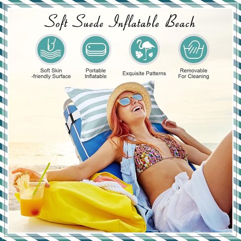 Inflatable Beach Pillow with Removable Cover, Beach Chair Backpacking Pillow with Strap Stripe for Summer Sand Pools Travel Vacations(Green White,17"x10") in Kuwait