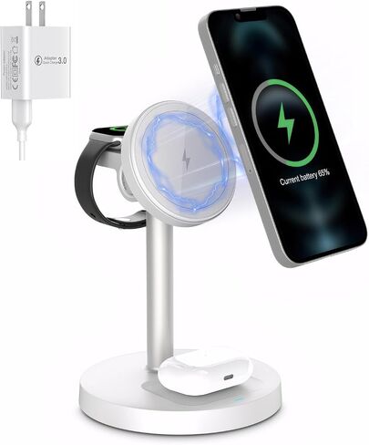 Wireless Charger, 3 in 1 Wireless Charging Station, Fast Wireless Charger Stand for iPhone16 15 14 13 12 11 Pro Max XR XS 8 Plus, for Apple Watch 8 7 6 5 4 3 2 SE AirPods (White) in Saudi Arabia