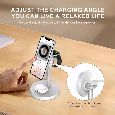 Wireless Charger, 3 in 1 Wireless Charging Station, Fast Wireless Charger Stand for iPhone16 15 14 13 12 11 Pro Max XR XS 8 Plus, for Apple Watch 8 7 6 5 4 3 2 SE AirPods (White) in Saudi Arabia