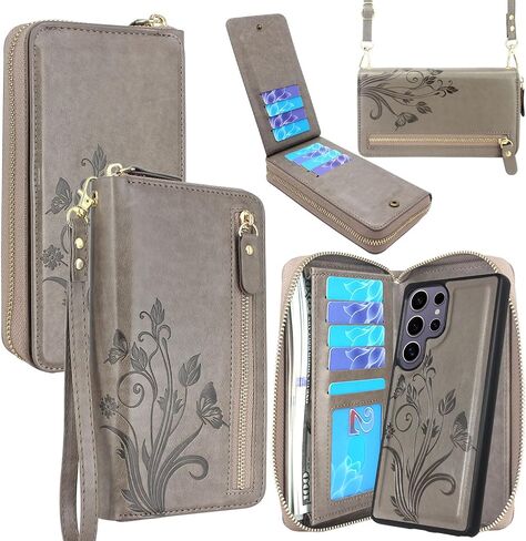 Lacass for Samsung Galaxy S25 Ultra Wallet Case ، Crossbody dual zipper detachable محفظة مغناطيسية محفظة غطاء معصم معصمه من فتحات البطاقة in Kuwait