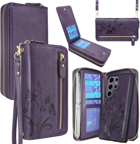 Lacass for Samsung Galaxy S25 Ultra Wallet Case ، Crossbody dual zipper detachable محفظة مغناطيسية محفظة غطاء معصم معصمه من فتحات البطاقة in Kuwait