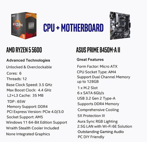 Micro Center AMD Ryzen 5 5500 معالج سطح المكتب مع ASUS PRIME B450M-A II AMD AM4 Micro ATX Mother in Kuwait