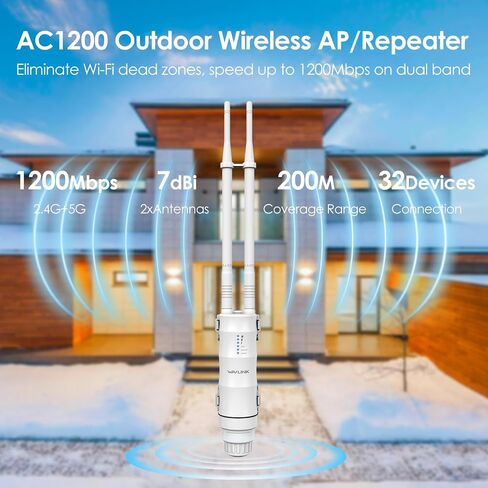 Wavlink AC600 Outdor Outdoor Longproof WiFi Extender/Wireless Access Point مع POE السلبي ، الهوائيات Dual Band 5G+2.4G ، 2x7DBI Omni Directional ، يدعم جهاز التوجيه/AP/DESTER/WISP in Kuwait