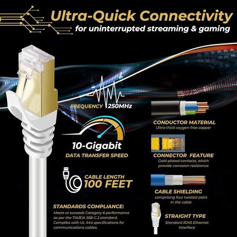 TNP CAT 6 Ethernet Cable - High Speed 10Gbps Gaming Internet Network Cord 250MHz - Indoor & Outdoor Long Ethernet Cable Cat 6 with RJ45 LAN Connector for Router, Modem, Pc, PS4/5, Xbox, White, 100 ft in Kuwait