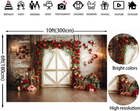 7x5ft Red Rose Brick Wall Wood Door Photography Backdrop for Wedding Bridal Shower Party Decorations Mother’s Day Valentine's Day Engagement Backdrops Portrait Photo Booth Props in Saudi Arabia