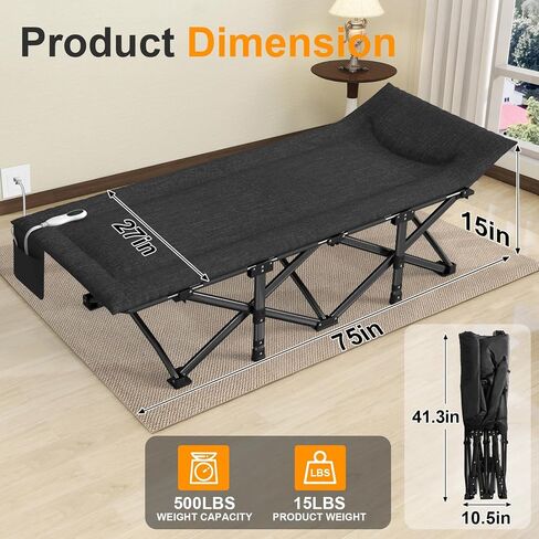 Slendor Kids Cot, Toddler Portable Bed w/Cartoon Handrail, Blanket (5ft x 4ft), Folding Toddler Cots for Sleeping, Kids Travel Bed, Extra Long Cot Length 56", Support 330 Lbs, Black in Saudi Arabia