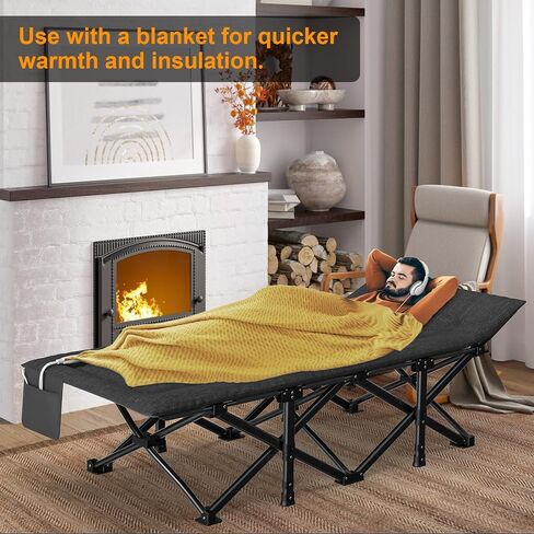 Slendor Kids Cot, Toddler Portable Bed w/Cartoon Handrail, Blanket (5ft x 4ft), Folding Toddler Cots for Sleeping, Kids Travel Bed, Extra Long Cot Length 56", Support 330 Lbs, Black in Saudi Arabia