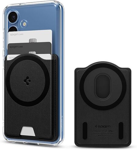 Spigen Magnetic Wallet Card Holder (MagFit) Designed for Galaxy S25 Series Magnetic Case Only and iPhone 16/15/14/13/12 Models, Holds up to 3 Cards - PU Black (MagFit+) in Kuwait