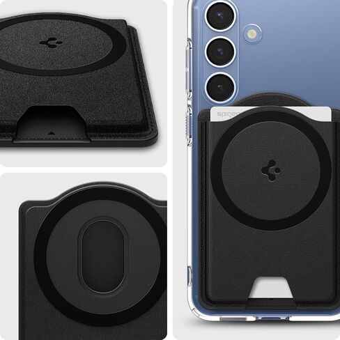 Spigen Magnetic Wallet Card Holder (MagFit) Designed for Galaxy S25 Series Magnetic Case Only and iPhone 16/15/14/13/12 Models, Holds up to 3 Cards - PU Black (MagFit+) in Kuwait