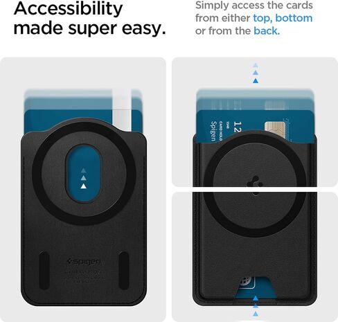 Spigen Magnetic Wallet Card Holder (MagFit) Designed for Galaxy S25 Series Magnetic Case Only and iPhone 16/15/14/13/12 Models, Holds up to 3 Cards - PU Black (MagFit+) in Kuwait