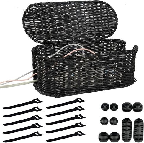 Handmade Cable Management Box,Rattan Cord Organizer Box with 20 PCS Cable Management Organizer Kit,Cable Organizer Box,Desk Cord Organizer Box for Home&Office,Yellow in Saudi Arabia