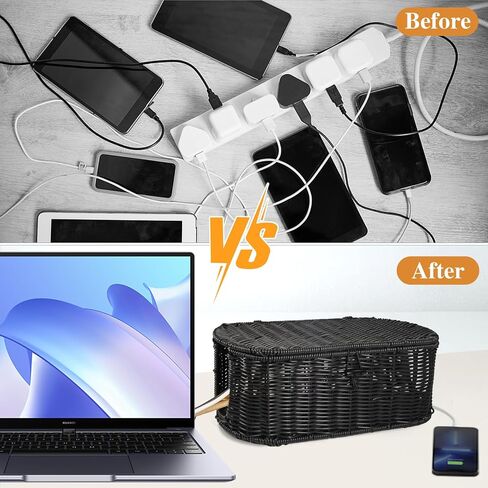 Handmade Cable Management Box,Rattan Cord Organizer Box with 20 PCS Cable Management Organizer Kit,Cable Organizer Box,Desk Cord Organizer Box for Home&Office,Yellow in Saudi Arabia