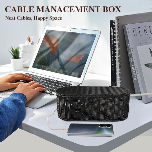 Handmade Cable Management Box,Rattan Cord Organizer Box with 20 PCS Cable Management Organizer Kit,Cable Organizer Box,Desk Cord Organizer Box for Home&Office,Yellow in Saudi Arabia