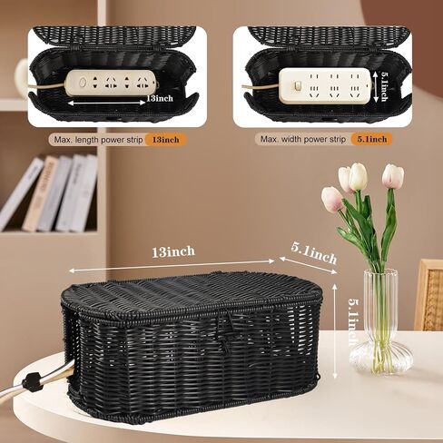 Handmade Cable Management Box,Rattan Cord Organizer Box with 20 PCS Cable Management Organizer Kit,Cable Organizer Box,Desk Cord Organizer Box for Home&Office,Yellow in Saudi Arabia