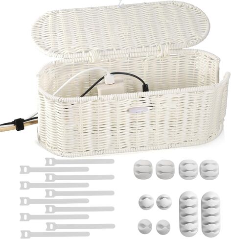 Handmade Cable Management Box,Rattan Cord Organizer Box with 20 PCS Cable Management Organizer Kit,Cable Organizer Box,Desk Cord Organizer Box for Home&Office,Yellow in Saudi Arabia