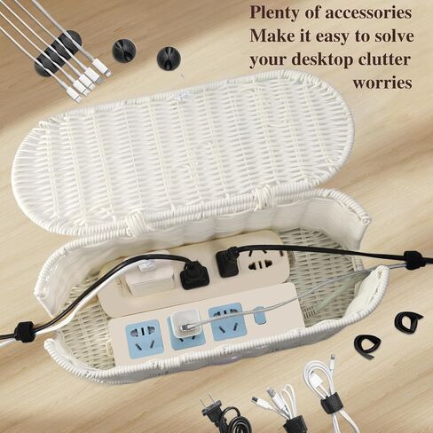 Handmade Cable Management Box,Rattan Cord Organizer Box with 20 PCS Cable Management Organizer Kit,Cable Organizer Box,Desk Cord Organizer Box for Home&Office,Yellow in Saudi Arabia
