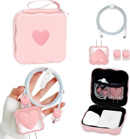 CameCosy DIY Phone Charger Case Storage Sets Cable Protector Earphone Wire Saver with Wave Travel Storage Bag, Cute Cable Charger Protector Cord Organizer for iPhone (Black Love Heart) in Saudi Arabia