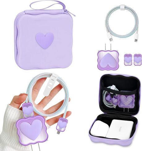 CameCosy DIY Phone Charger Case Storage Sets Cable Protector Earphone Wire Saver with Wave Travel Storage Bag, Cute Cable Charger Protector Cord Organizer for iPhone (Black Love Heart) in Saudi Arabia