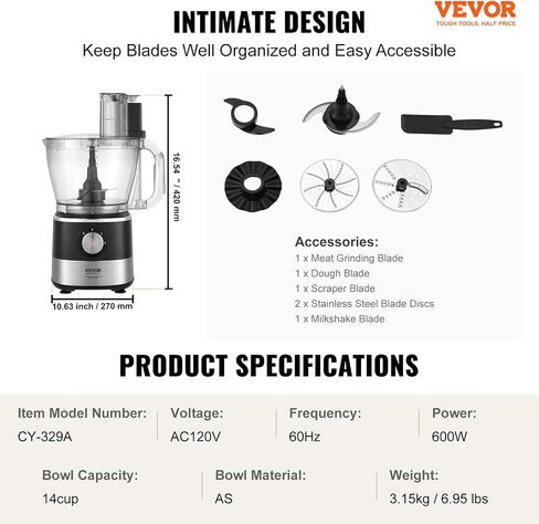 VEVOR Food Processor, 16 Cup Large Vegetable Chopper 600 Watts 2 Speed & Pulse Electric Meat Chopper, 2 In 1 Big Feed Chute & Pusher 5Pcs Blade & Dics for Mixing, Slicing, and Kneading Dough in Saudi Arabia