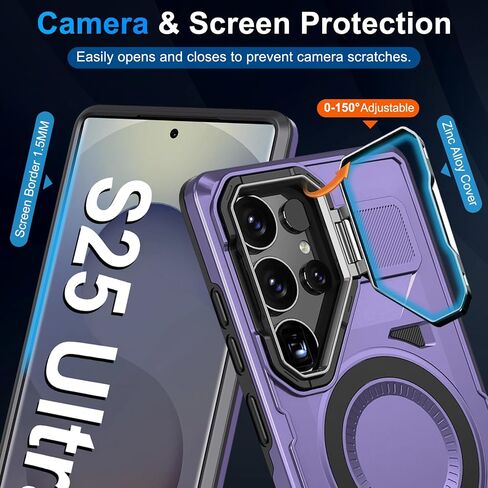 S25 Ultra Case Compatible with MagSafe, Case for Samsung Galaxy S25 Ultra Case with Stand Camera Cover Kickstand, Galaxy S25 Ultra Phone Case Military Grade Shockproof Rugged Magnetic Cover (Purple) in Saudi Arabia