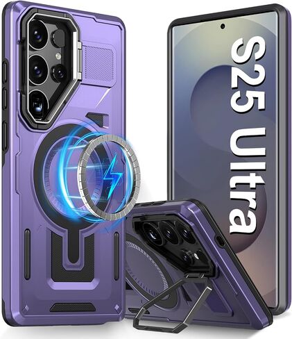 S25 Ultra Case Compatible with MagSafe, Case for Samsung Galaxy S25 Ultra Case with Stand Camera Cover Kickstand, Galaxy S25 Ultra Phone Case Military Grade Shockproof Rugged Magnetic Cover (Purple) in Saudi Arabia
