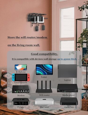 رف جدح الجدار لجهاز التوجيه wifi ، المودم ، مربع التلفزيون ، رف صندوق الكابلات العالمي متوافق مع الكمبيوتر المحمول ، الهاتف المحمول ، الكمبيوتر اللوحي ، وغيرها من الأجهزة التي تصل إلى 45 مم (أسود) in Kuwait
