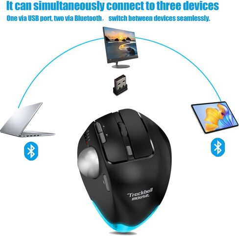 zelotes Wireless Trackball Mouse,Bluetooth Mouse,Rechargeable,4800 DPI, 2-in-1(BT 5.0/3.0+2.4GHz USB Receiver), 8 Buttons,Ergonomic Design,LED Lighting,for Laptop, PC, Pad,White in Kuwait