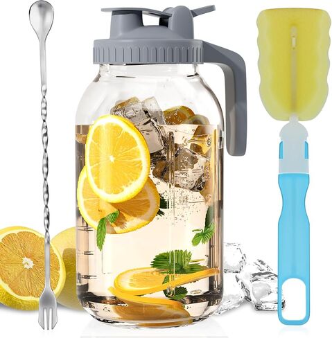 Glass Mason Jar Pitcher - 64oz with Pour Spout Lid, Airtight Seal - Ideal for Cold Brew Coffee, Juice, Lemonade, and More - Premium Glass Jug for Beverages and Sun Tea in Kuwait