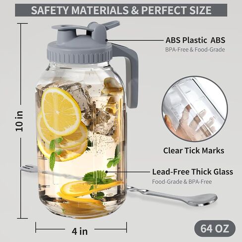 Glass Mason Jar Pitcher - 64oz with Pour Spout Lid, Airtight Seal - Ideal for Cold Brew Coffee, Juice, Lemonade, and More - Premium Glass Jug for Beverages and Sun Tea in Kuwait
