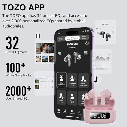 TOZO Hybrid Active Noise Cancelling Wireless Earbuds with 6 Mics AI Clear Call Ear Buds 55H Playtime with LED Display 32 Preset EQs via APP Bluetooth 5.3 IPX8 Waterproof in Ear Headphones in Kuwait