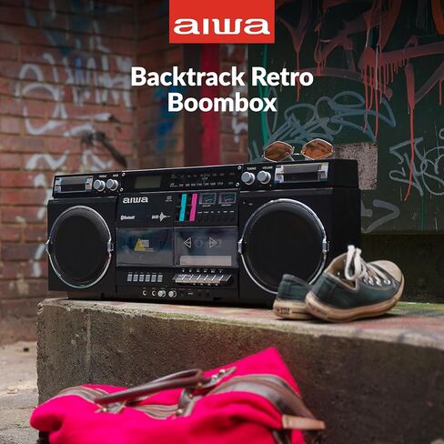 aiwa Retro Boombox CD Player with Cassette Recording, Bluetooth 5.0, FM/AM Radio, USB/SD/AUX Inputs, VU Meters, LCD Display, Dual 40W Speakers - Silver in Kuwait