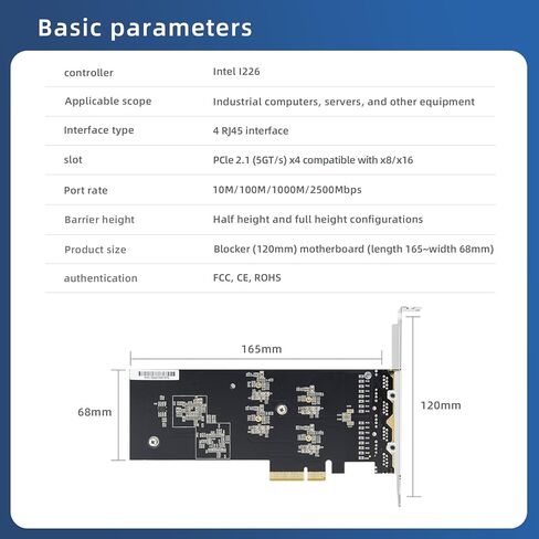بطاقة شبكة خادم Dual-Port مع Intel I226-V Chip PCI-E X1 2.5G Gigabit Ethernet Card RJ45 LAN LOND ADAPTER Windows/10/11/Windows Server/2022 in Kuwait