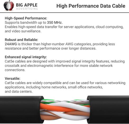 Big -A - Lenum Cat5e Ethernet Cable 1000ft LAN Bulk Cat5e Cable (CMP) Gigabit Solid Network Wire ، 350MHz CAT5E Ethernet Cord ، زوج ملتوي غير محمي (UTP) - أسود in Kuwait