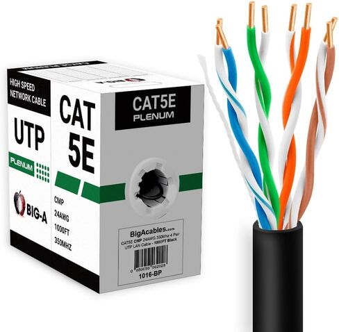 Big -A - Lenum Cat5e Ethernet Cable 1000ft LAN Bulk Cat5e Cable (CMP) Gigabit Solid Network Wire ، 350MHz CAT5E Ethernet Cord ، زوج ملتوي غير محمي (UTP) - أسود in Kuwait