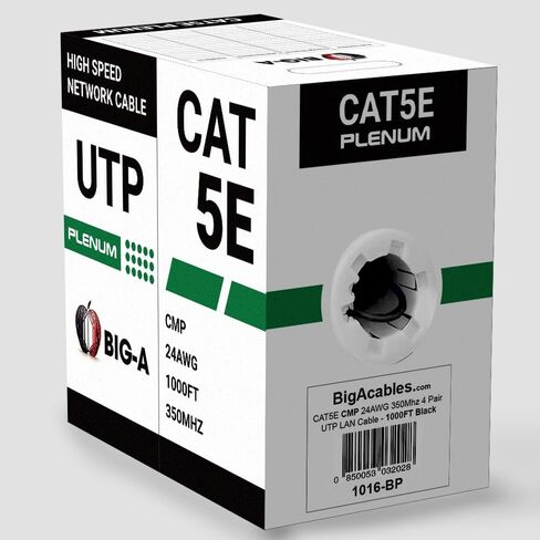 Big -A - Lenum Cat5e Ethernet Cable 1000ft LAN Bulk Cat5e Cable (CMP) Gigabit Solid Network Wire ، 350MHz CAT5E Ethernet Cord ، زوج ملتوي غير محمي (UTP) - أسود in Kuwait