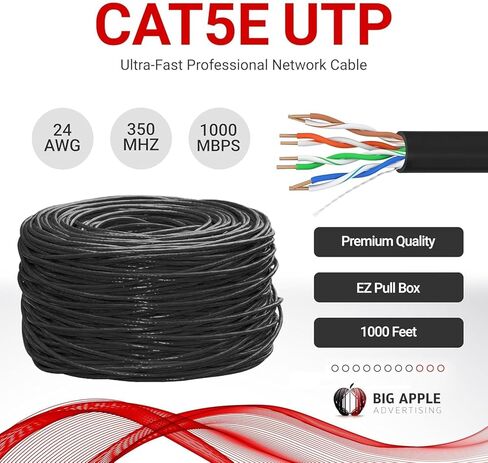 Big -A - Lenum Cat5e Ethernet Cable 1000ft LAN Bulk Cat5e Cable (CMP) Gigabit Solid Network Wire ، 350MHz CAT5E Ethernet Cord ، زوج ملتوي غير محمي (UTP) - أسود in Kuwait