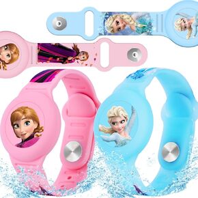 Waterproof Air Tag Bracelet for Kids [2 Pack], Princess Air Tag Holder for Kids with Full Coverage Hidden Design, Silicone Airtag Wristband for Child, Blue + Pink