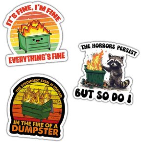 (3in - 3Pcs) Dumpster Fire Meme Sticker Pack, The Strongest Steel Fire Dumpster Vinyl Decal Bundle, I'm Fine Raccoon Meme Gift, Funny Decoration for Laptop Tablet Helmet Vehicles