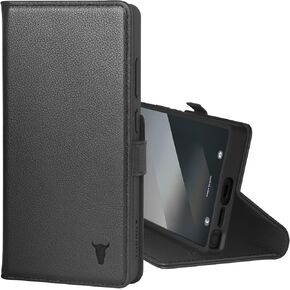 TORRO Premium Leather Case Compatible with Samsung Galaxy S25 Ultra 5G (6.9") 2025 – Genuine Leather Wallet Flip Folio Case with Kickstand and Card Slots (Black with Red Detail)