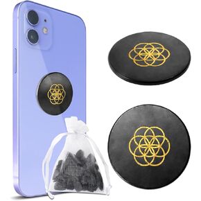 2 Pcs Shungite Sticker for Cell Phone + Raw Shungite Stones Set - 30 mm/1.18 inch Shungite Plate for Laptop Computer Flower of Life