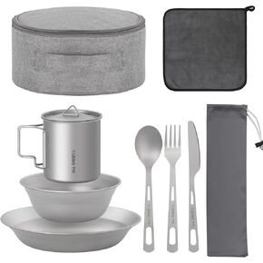 Titanium Dinnerware Set, 8-Piece Camping Dinnerware Kit, Titanium Bowl, Plate, Cup, Fork, Spoon, and Napkin, Includes Storage Bag, for Backpacking, Camping, Hiking, and Picnics