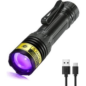 مصباح يدوي Darkdawn UV 395NM الضوء الأسود MINI USB قابل لإعادة الشحن فوق البنفسجي LED Blacklight Woods مصباح فلورسنت القوي لبقع البول الحيوانات الأليفة ، العقارب ، راتنج المعالجة