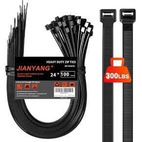 Long Zip Ties Heavy Duty 24 inch，300 LBS Tensile Strength With Double Sided Toothed Super Durable Cable Ties ，Extra Large Wire Ties Adjustable Nylon Tie Wraps for Indoor Outdoor （100Pack Black）
