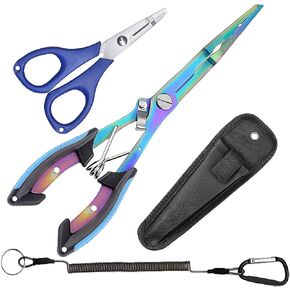 Fishing Needle Nose Pliers, Stainless Steel Fishing Pliers and Scissors Kit with Sheath Lanyard, Hook Remover Split Ring Line Cut Lead Crimp, Aboda Fishing Gear Fresh & Saltwater Fishing Tool Kit