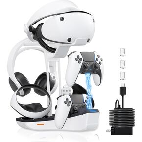 محطة شحن وحدة تحكم 4 في 1 لـ PSVR2 و PS5 ، رصيف شحن مزدوج مع حامل عرض سماعات الرأس VR وحامل سماعة الرأس ، مؤشر الشحن LED ، محول طاقة التيار المتردد ، مصابيح RGB ، 3 موصل مغناطيسي