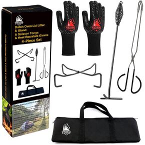 5-in-1 Dutch Oven Camping Accessories Kit - Campfire Cooking Equipment with Heat-Resistant Gloves, 16" Scissors Tongs, Lid Lifter, Lid Stand & Trivet | BBQ Tools, Outdoor Camping Cookware