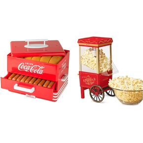 Nostalgia Extra Large Diner-Style Coca-Cola Hot Dog Steamer and Bun Warmer, Red & Popcorn Maker, 12 Cups Hot Air Popcorn Machine with Measuring Cap, Oil Free, Vintage Movie Theater Style, Red