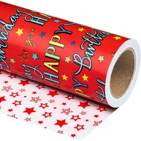 WRAPAHOLIC Reversible Birthday Wrapping Paper - Mini Roll - 17 Inch X 33 Feet - Colorful Happy Birthday Lettering and Stars Design for Birthday Party, Baby Shower, Holiday